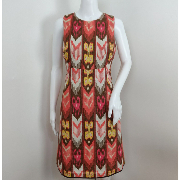 Tory Burch Linen Sheath Dress Size 2 Southwestern Ikat Career Metallic Lined - Picture 1 of 11